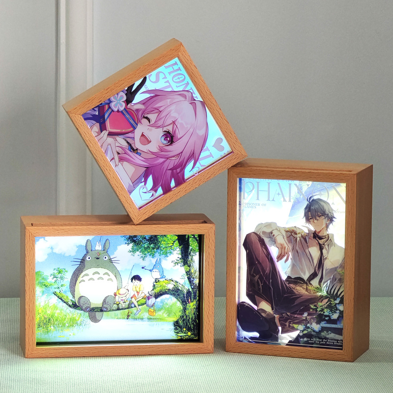 Solid Wood 3D Relief Painting Crystal Acrylic Card Holder Storage USB Charging Touch Light-Up Photo Frame Ornament Customization