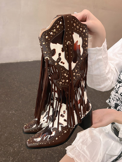 [还素]7cm棕色个性长靴西部靴新款真皮拼色时装靴高靴高跟流苏靴
