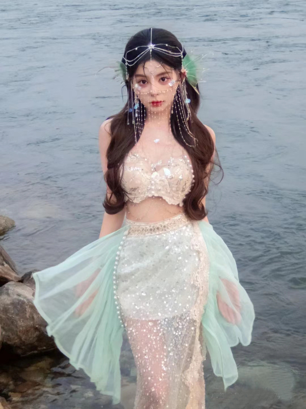 Mermaid Princess Costume, Rabbit-Themed Sequin Camisole Top, Green Flowing Tulle Skirt, Bananasiya Sanya Travel Photography