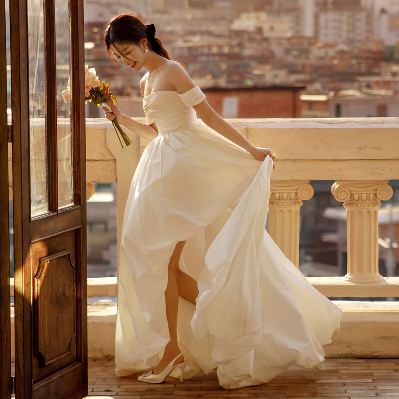 【White Peach】Strapless Simple Wedding Dress, Ultra-Fairy Taffeta, Niche Travel Photography, Playful Light Wedding Dress, Reception Dress