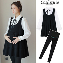 Pregnant women autumn set Fashion 2020 Autumn belly does not show age reduction dress Net Red foreign air two-piece set