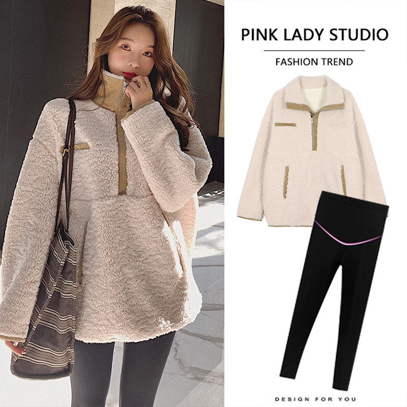 Pregnancy mom's autumn clothing suit out of fashion style 2021 new lamb suede blouse autumn winter net red sweatshirt two-piece set