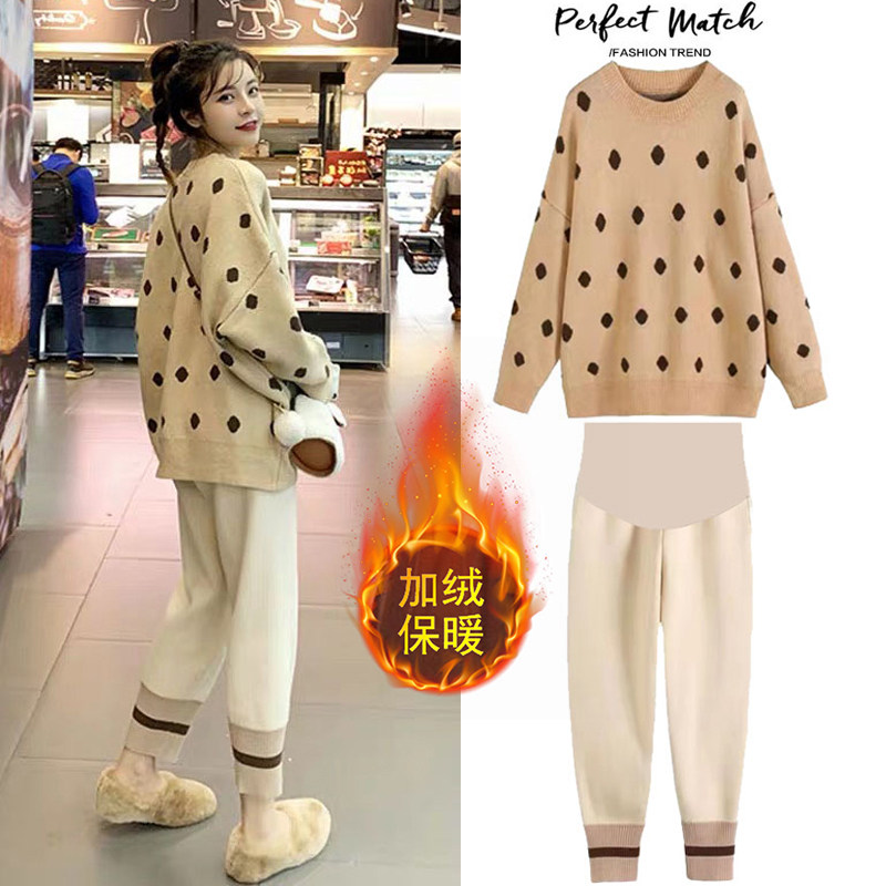 Maternity Fall/Winter Suit 2020 New Fashion Plus Plus ThickEned Sweater Medium long net red two-piece set