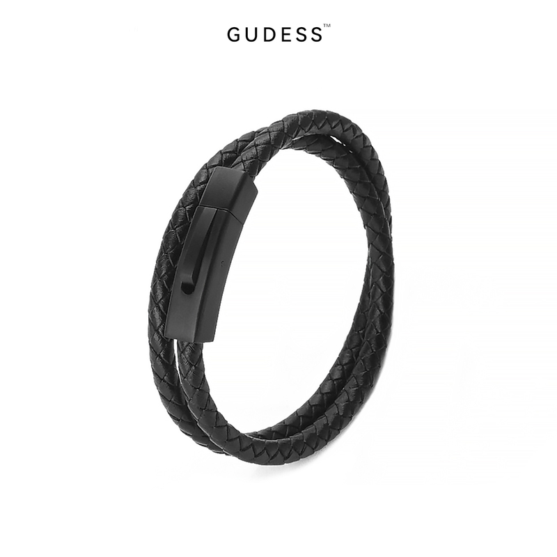 Gudess Original Black Warrior Double-Circle Genuine Leather Braided Bracelet Business Style Men's Bracelet Gift for Boyfriend