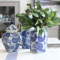 Blue and white porcelain vase new Chinese ceramic ornaments Net red light luxury retro group Flower Building wood fashion field minerals