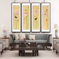 New Chinese hand-painted traditional Chinese painting quadruple Lotus strip screen living room sofa background wall decorative painting calligraphy office hanging painting