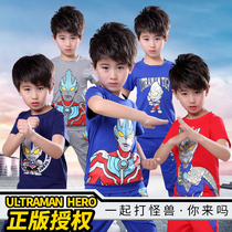  Ultraman summer clothes Childrens short-sleeved suit Galaxy Obdiga childrens clothing pure cotton T-shirt handsome two-piece suit