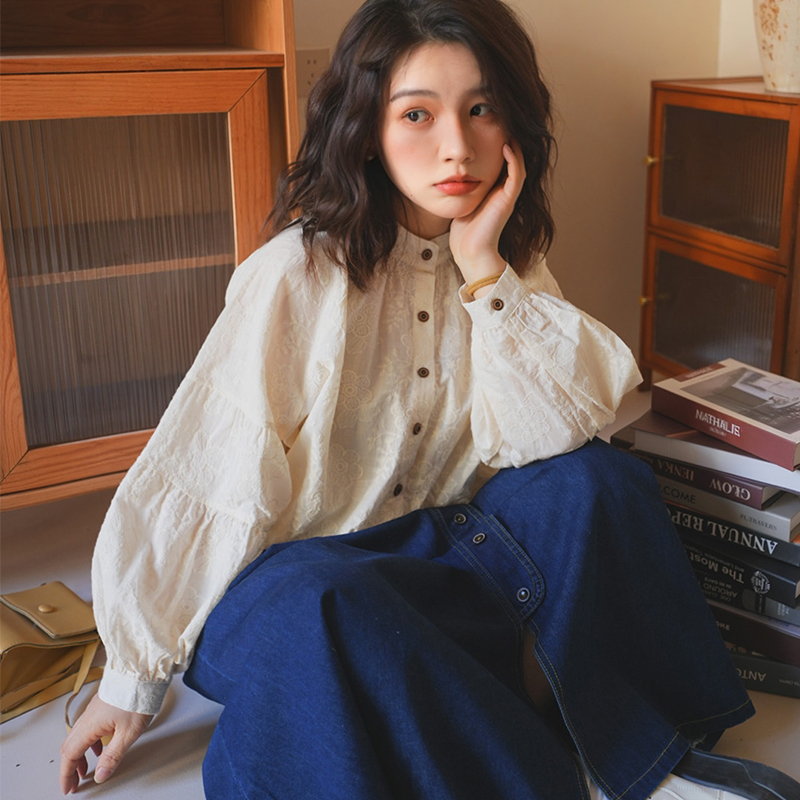 Designed French-Style Solid Color Stand-Up Collar Lace Long-Sleeved Shirt for Women, New Spring and Autumn Style, High-End Puff-Sleeve Fashionable Top