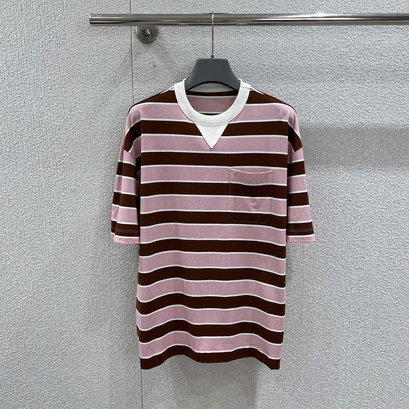 Sdlr Classic Premium 26 Spring/Summer New Triangle Logo Color-Block Round Neck Pullover Pink and Brown Striped Short Sleeve T-Shirt Top