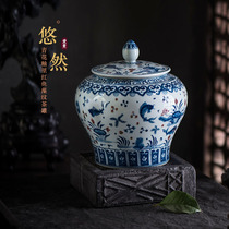 (Leisurely)Hand-painted blue and white glaze red fish and algae pattern tea pot imitation Ming Xuande Zen ceramic ornaments Chinese style