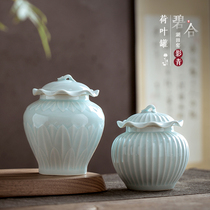 Bihe Imitation Song Hutian Kiln shadow green glazed lotus leaf melon wake-up tea pot green and white carved lotus tea pot storage tank