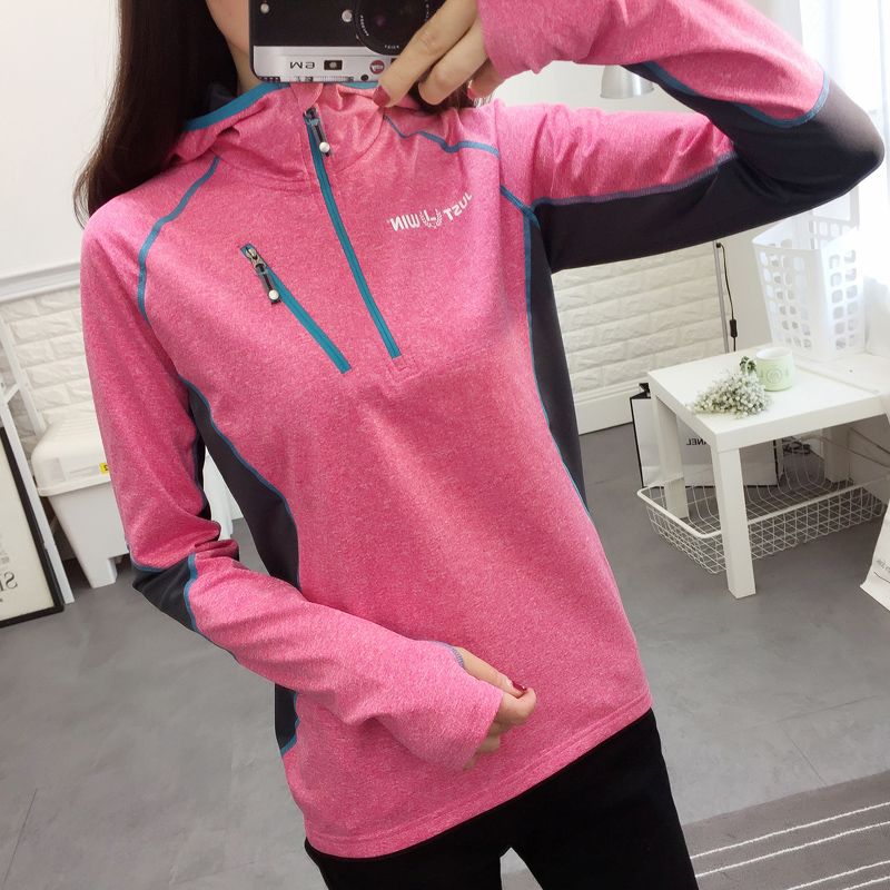 Autumn sports long-sleeved hooded quick-drying clothes women's fleece running mountaineering hiking quick-drying T-shirt slim-fit color matching top
