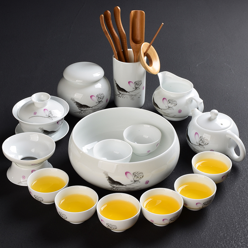 Household kung fu tea set set ceramic tea cup white porcelain complete set of blue and white porcelain tea cup bubble cover bowl tea set custom LOGO