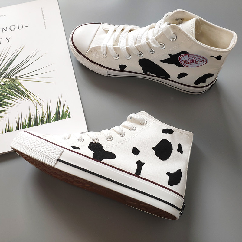 Pull back high tube men's and women's milk shoes Japanese canvas shoes ow joint name cherry blossom burst change hand-painted cow peaches are ripe