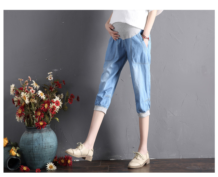 Phụ nữ mang thai cotton mùa hè kích thước lớn phụ nữ mang thai jeans loose casual cắt quần mùa hè phần mỏng dạ dày lift quần quần short