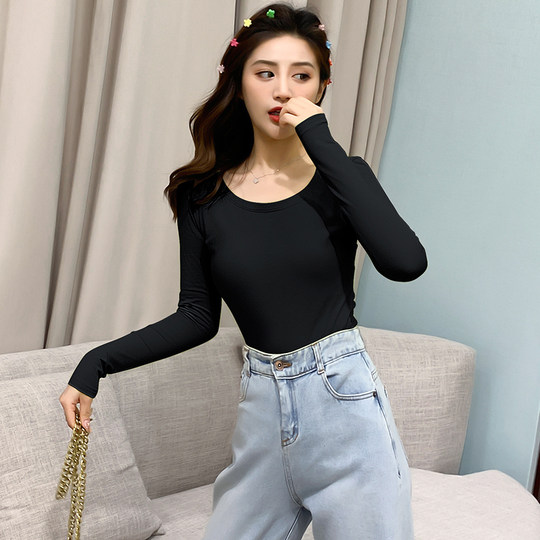 Black 2022 spring, autumn and winter women's bottoming shirt plus velvet thickened cotton t-shirt long-sleeved inner autumn clothes tight top