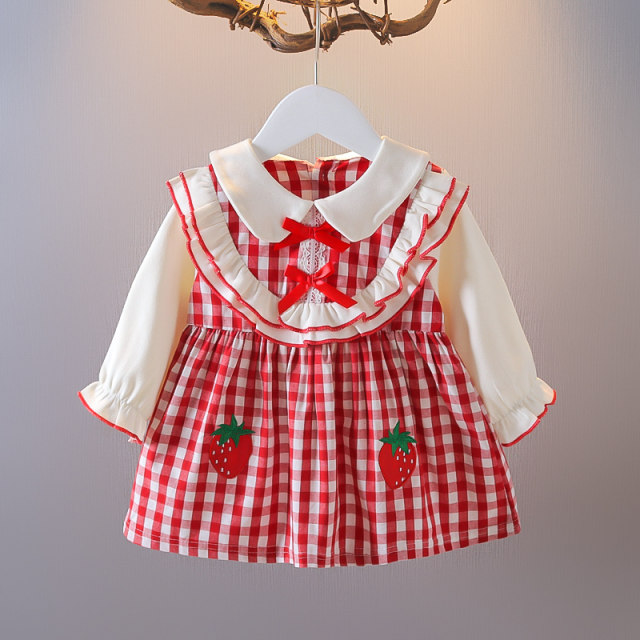 2021 spring and autumn new dress children's princess skirt foreign style Korean version strawberry skirt children's autumn plaid skirt