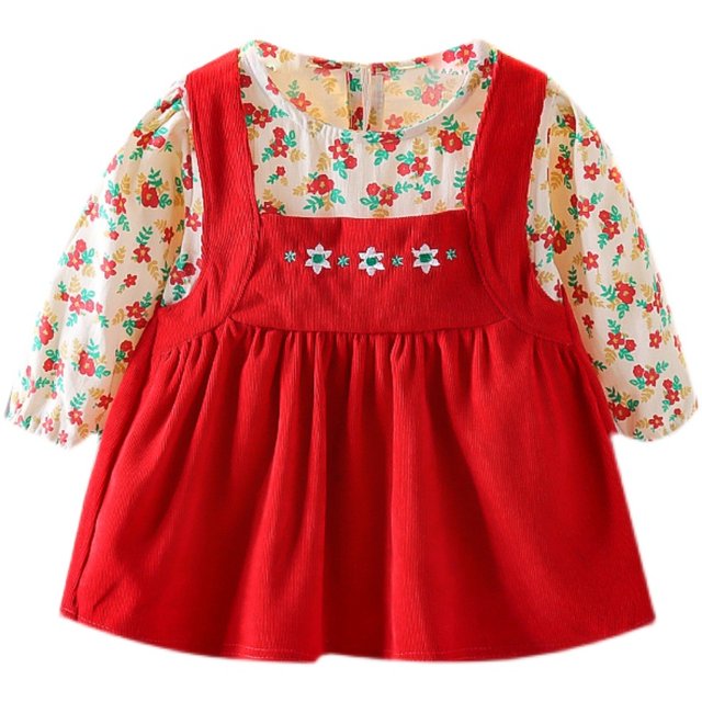 Girls' autumn dress 2021 new children's clothing foreign style long-sleeved children's little girl spring and autumn suspender skirt fake two pieces