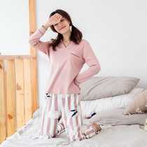 New spring and autumn Japanese cotton knitted cotton wool pajamas ladies cotton cardigan long-sleeved trousers home service suit