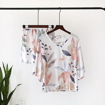Summer womens cotton pajamas three-quarter sleeves two-piece set V-neck shorts suit Korean version fresh and can be worn outside home service thin