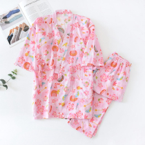 New Japanese kimono pajamas womens spring and autumn pure cotton gauze three-quarter sleeve sweat steaming suit sweet and lovely yukata set