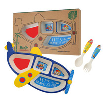 Bamboo fiber creative childrens tableware three-piece cartoon plane split dinner plate fork spoon Business Super mother and baby customized gifts