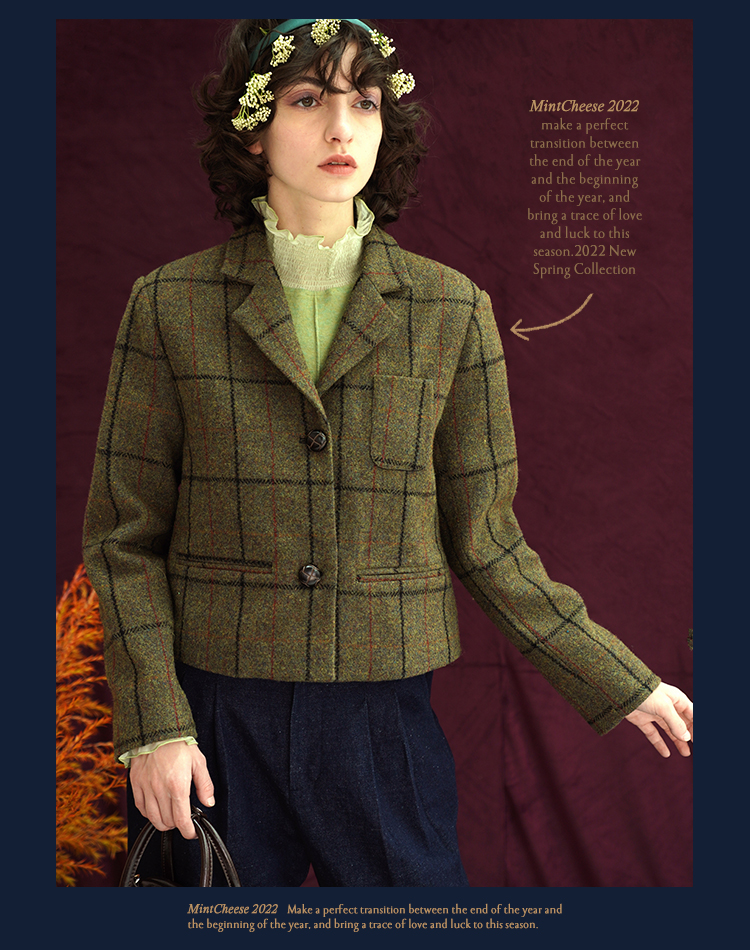 Mintcheese French Vintage deep Moss Green Plaid Wool short suit