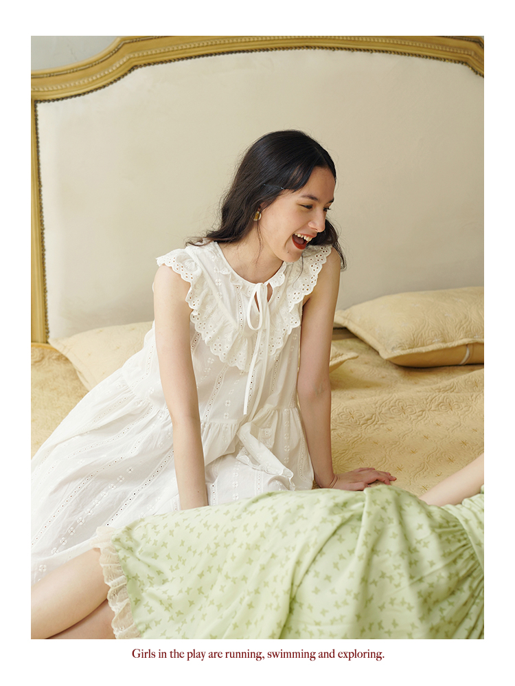 French girl lace Pajama dress - One Piece Dresses - Cotton & Hemp White