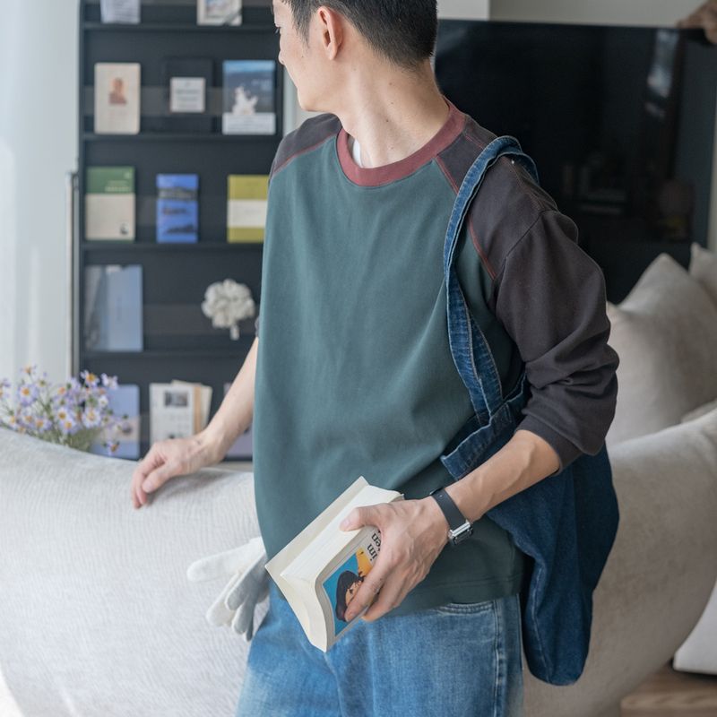【Like a Spring Breeze】Jili Fine-Textured and Elastic Knitted Patchwork Brushed Long-Sleeve T-Shirt