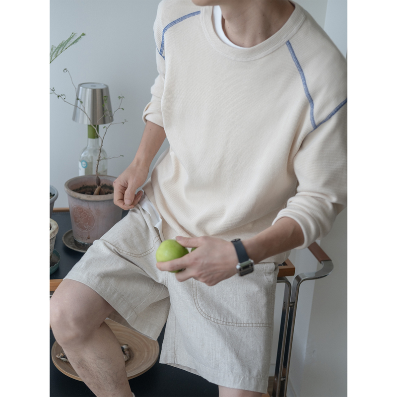 【Lost Stream】Jili Color-Block Double-Needle Stitching Waffle Long-Sleeve T-Shirt Thin Sweatshirt