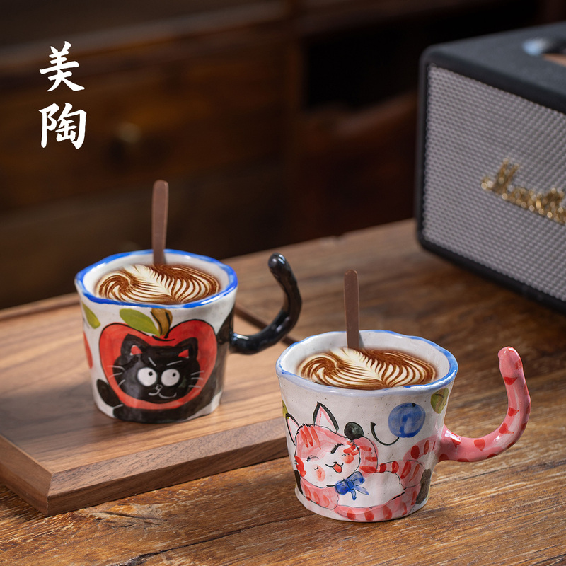 Jingdezhen Ceramic Cup with Underglaze Color Hand-Painted Cute Cat Coffee Mug Hand-Painted Cup Gift for Girls Water Cup