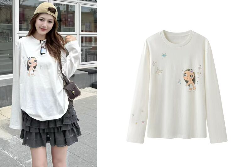 2026 Autumn New Fashion Long-Sleeve Cartoon Print Loose Slimming Sweatshirt T-Shirt Sun Protection Jacket Top for Women