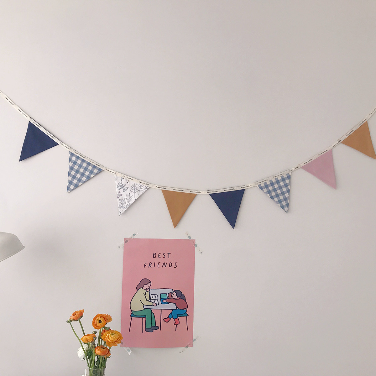 ins wind children's house holiday party kindergarten scene arrangement blue plaid cloth art decoration triangle hanging flag