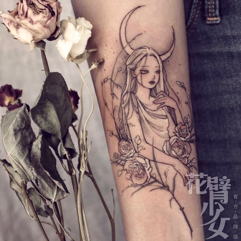 花臂少女tattoo D2 Ins月亮女孩花朵大图手臂半臂纹身贴一张3个 花臂少女tattoo D2 Ins月亮女孩花朵大图手臂半臂纹身贴一张3个