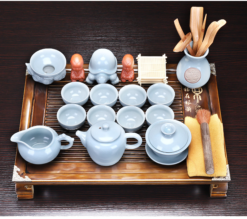 Tang big wooden stainless steel tea tray package ceramic kung fu tea set household contracted tea sets of semi - automatic lazy combination