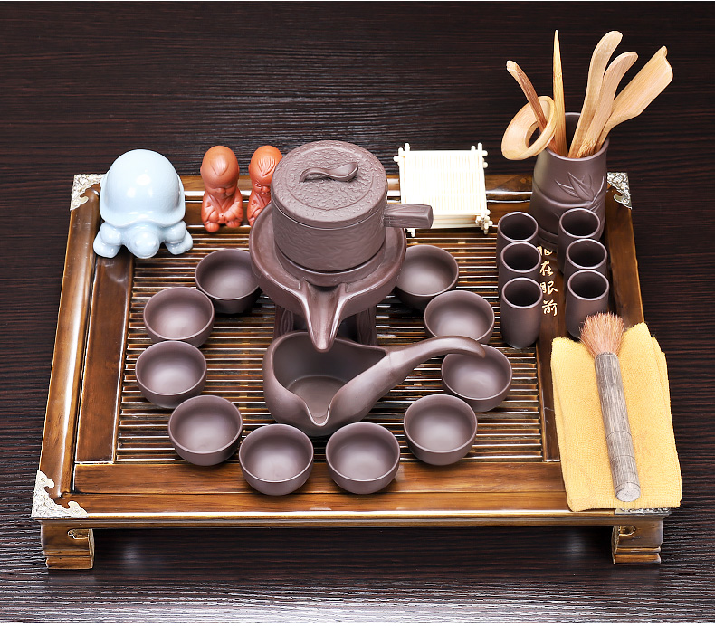 Tang big wooden stainless steel tea tray package ceramic kung fu tea set household contracted tea sets of semi - automatic lazy combination