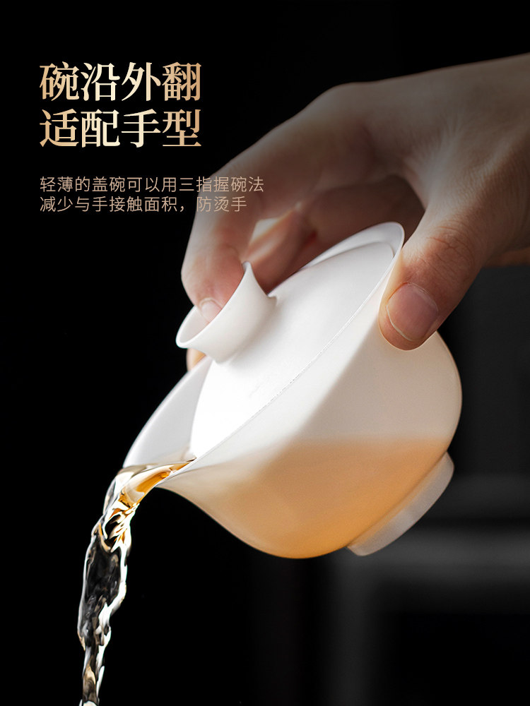 Ultra-Thin, Ultra-Light Ice-Type White Porcelain Tea Cup with Lid, Single High-End Non-Hot Handle Three-Piece Set