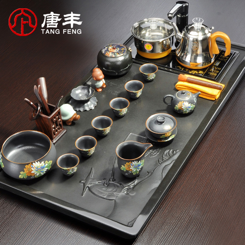 Tang Feng sharply stone tea set suits for domestic solid wood tea taking of a complete set of ceramic purple sand automatic four one of the big tea tray