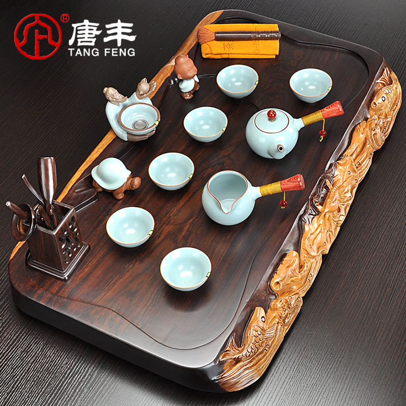 Tang Feng sheet edge carved ebony wood tea tray tea sets of violet arenaceous black pottery kung fu tea set TF - 4284