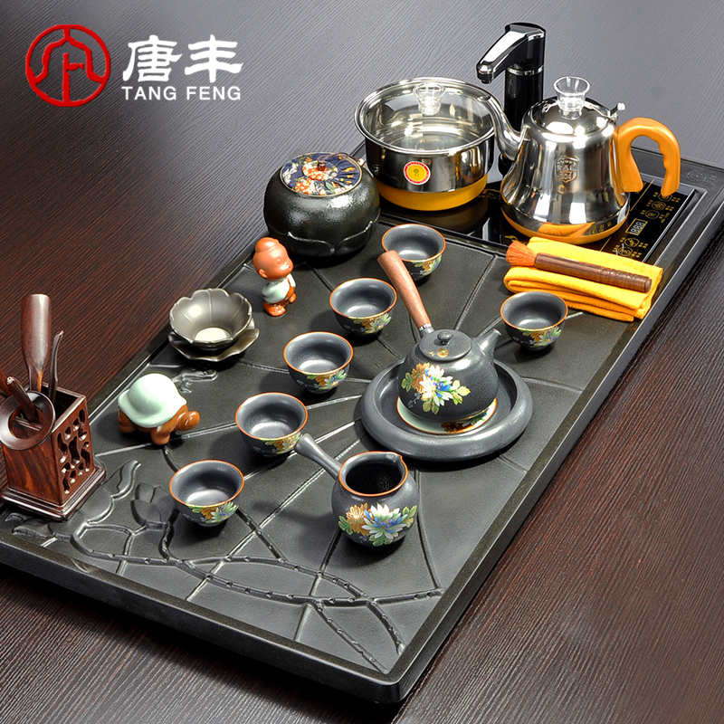Tang Feng sharply stone tea set suits for domestic solid wood tea taking of a complete set of ceramic purple sand automatic four one of the big tea tray