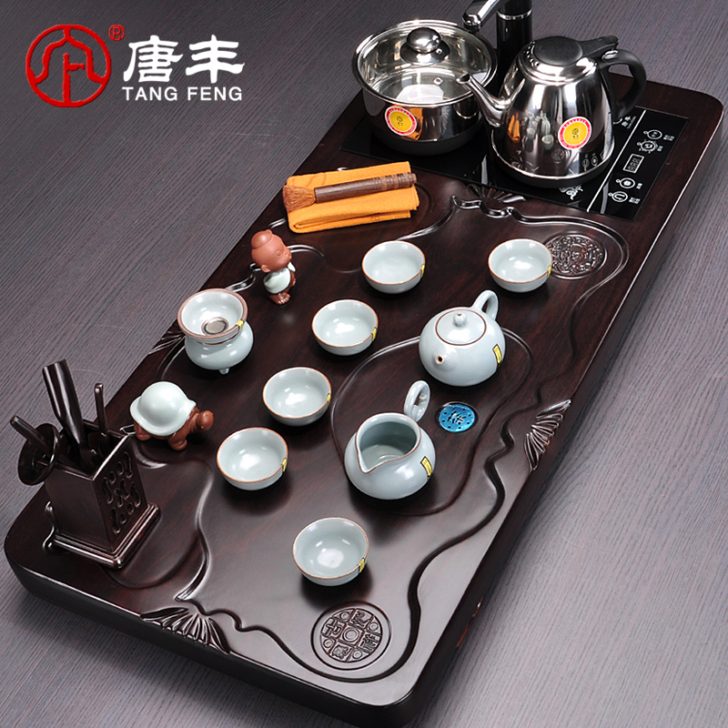 Tang Feng the whole piece of ebony wood big suit tea tray was kung fu tea sets purple four unity of a complete set of electric heating furnace