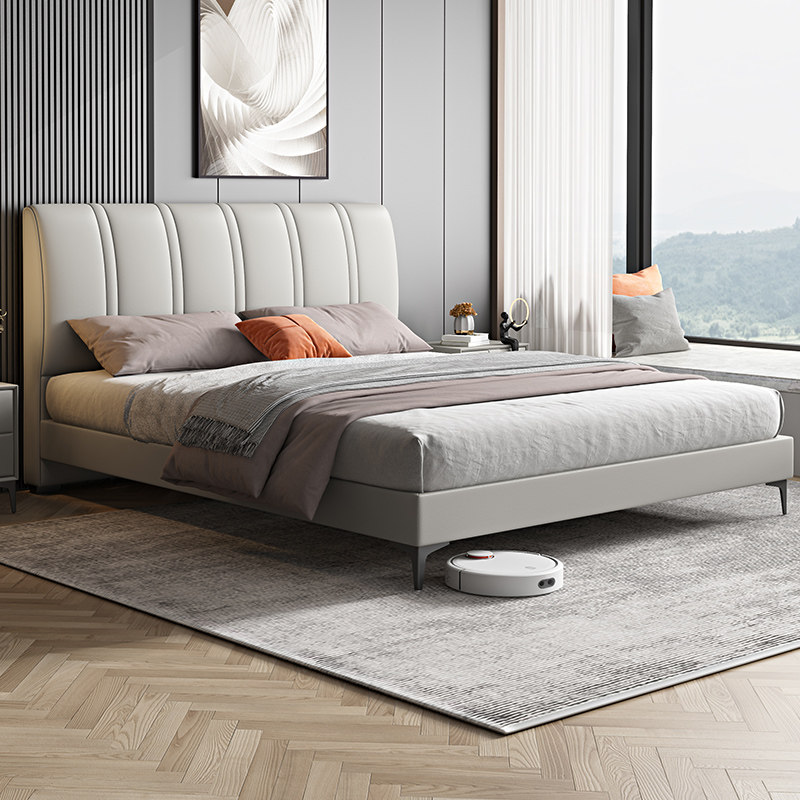 Master Bedroom Genuine Leather Bed Light Luxurious Bedroom Solid Wood Bed Leather Art Bed Wedding Bed Modern Minima Soft Bag Double Bed Large Bed