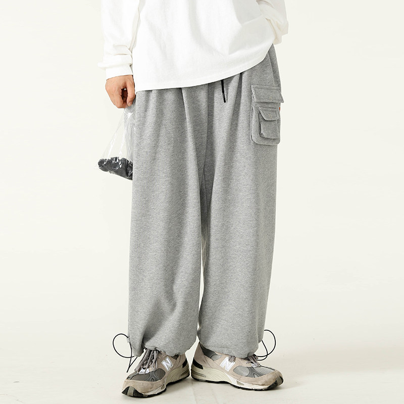 Autumn and winter functional pocket loose straight wide leg tooling vibe wind gray sports thick cotton pants men's and women's tide brand drawstring pants