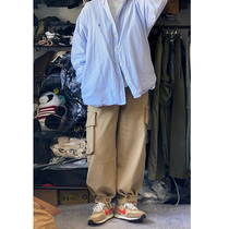 Japanese fashion brand wide leg leggings asymmetrical pocket khaki overalls loose straight slacks men's pants