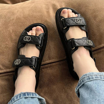 Real leather small fragrant wind female magic applique sandal sandals thick sole sandals Fabian female wind nets red heightening 2022 Summer new