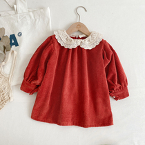 Girl corduroy padded dress 2021 autumn winter dress new lace collar Korean child skirt female baby skirt