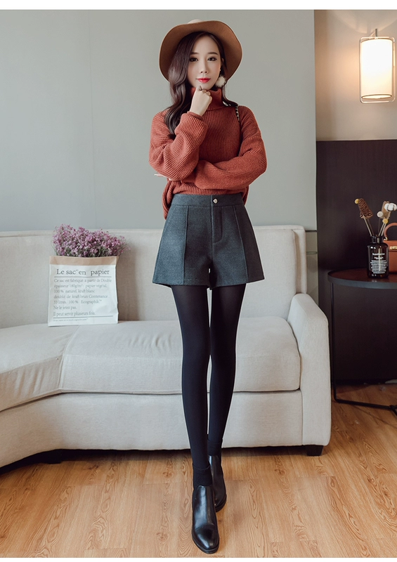 Quần short len ​​nữ mùa thu đông 2018 phiên bản Hàn Quốc phiên bản mới của quần lửng len cao cổ rộng quần short nữ kaki