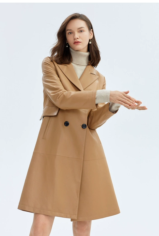 Áo khoác da nữ Eveli mùa đông mới bằng da cừu retro đôi ngực trench coat kiểu áo khoác da nữ - Quần áo da