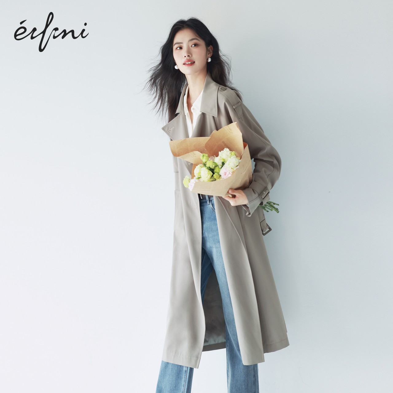 Evely シンプル オールドマネースタイル モダン ストラクチャード ダブルブレスト ロングトレンチコート レディース 2024年秋冬新作