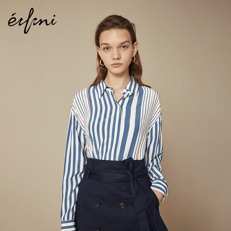 伊芙丽2018秋装新款衬衣女宽松竖条纹长袖撞